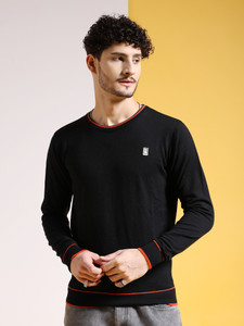 The Indian Garage Co. Self Design Crew Neck Casual Men Black Sweater