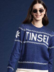 Mast & Harbour Self Design Round Neck Casual Women Blue Sweater