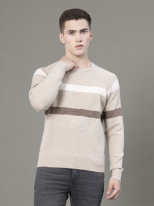 RED TAPE Colorblock Round Neck Casual Men Beige Sweater