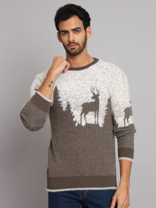 eWools Printed Round Neck Casual Men Brown Sweater