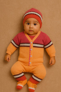 BLOOMMIKDS Self Design V Neck Casual Baby Boys & Baby Girls Pink, Orange Sweater