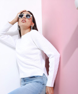 Tokyo Talkies Solid Crew Neck Casual Women White Sweater
