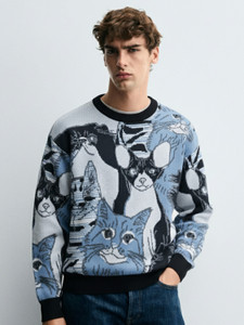 HIGHLANDER Men Blue Printed Round Neck Casual Sweater - Image 6