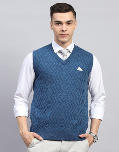 MONTE CARLO Self Design V Neck Casual Men Blue Sweater