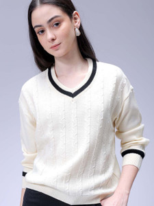 Freehand by The Indian Garage Co. Solid V Neck Casual Women White Sweater