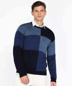 PARK AVENUE Colorblock Round Neck Casual Men Blue Sweater