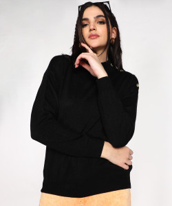 NUMERO UNO Solid High Neck Casual Women Black Sweater