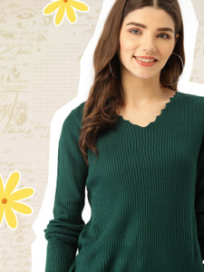 Dressberry Self Design V Neck Casual Women Green Sweater