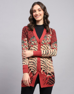 MONTE CARLO Self Design V Neck Casual Women Red Sweater