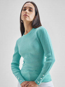 Tokyo Talkies Self Design Boat Neck Casual Women Blue Sweater