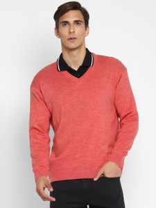 Alan Jones Solid V Neck Formal Men Orange Sweater