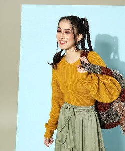 STREET9 Self Design Round Neck Casual Women Yellow Sweater