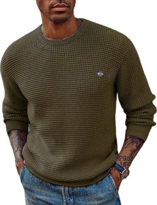ColorChakra Self Design Round Neck Casual Men Dark Green Sweater