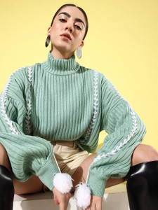 Roadster Self Design Turtle Neck Casual Women Green Sweater