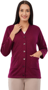 LE ARC Woven V Neck Casual Women Maroon Sweater
