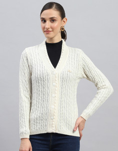 MONTE CARLO Self Design V Neck Casual Women White Sweater