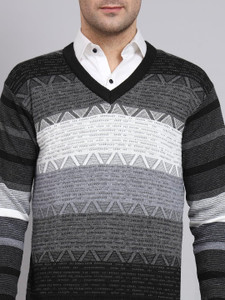 MONT CONNETT Striped V Neck Casual Men Black Sweater