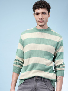Glitchez Striped Round Neck Casual Men Green Sweater