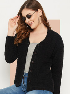 Zigo Self Design V Neck Casual Women Black Sweater