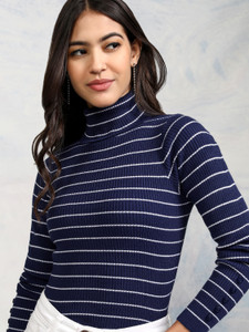 Tokyo Talkies Striped High Neck Casual Women Blue Sweater