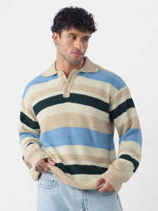The Souled Store Beige Striped Collared Neck Sweater - Image 5