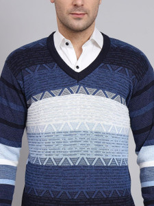MONT CONNETT Striped V Neck Casual Men Blue Sweater