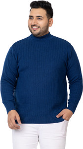 KVETOO Striped High Neck Casual Men Blue Sweater