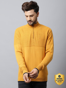 CANTABIL Self Design High Neck Casual Men Yellow Sweater