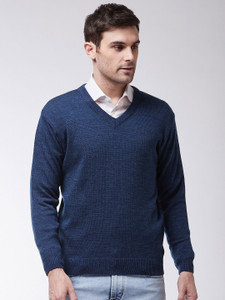 Pivl Self Design V Neck Casual Men Dark Blue Sweater