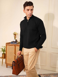 KVETOO Solid Collared Neck Casual Men Black Sweater