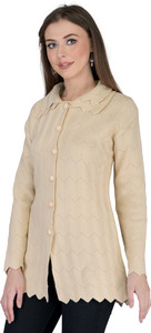 Luciana Self Design Collared Neck Party Women Beige Sweater