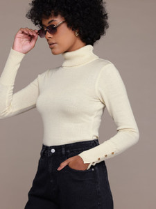 Roadster Solid High Neck Casual Women White Sweater