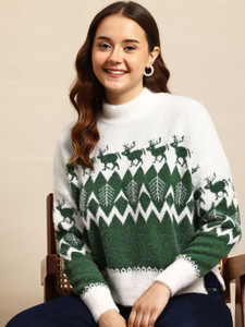 Mast & Harbour Animal Print Turtle Neck Casual Women White Sweater
