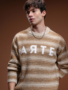 HIGHLANDER Self Design Round Neck Casual Men Brown, Beige Sweater