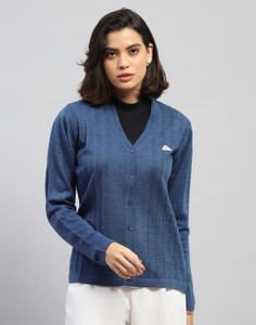 MONTE CARLO Self Design V Neck Casual Women Blue Sweater