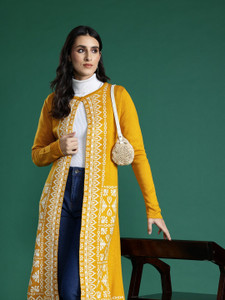 Sangria Self Design Round Neck Formal Women Yellow Sweater