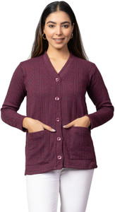 hifzaa Self Design V Neck Casual Women Maroon Sweater