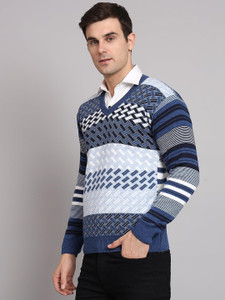 NICO WESLEY Striped V Neck Casual Men Blue Sweater