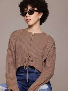 Roadster Self Design Round Neck Casual Women Brown Sweater