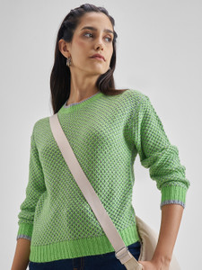 Tokyo Talkies Self Design Round Neck Casual Women Green Sweater