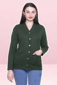 S.L. Madhok Solid V Neck Casual Women Dark Green Sweater