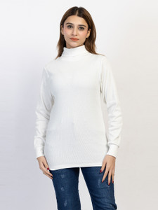 TWEUNBOY Solid Turtle Neck Casual Women White Sweater