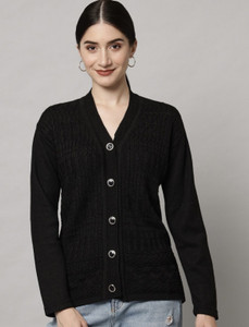 hifzaa Solid V Neck Casual Women Black Sweater