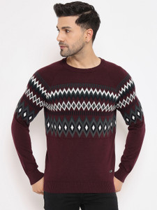 DUKE Chevron/Zig Zag Round Neck Casual Men Maroon Sweater
