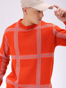 The Indian Garage Co. Checkered Crew Neck Casual Men Orange Sweater