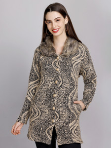 eWools Graphic Print Collared Neck Casual Women Beige Sweater