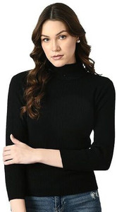glam 16 Self Design Turtle Neck Casual Women Black Sweater
