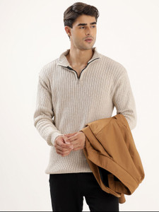 kveto Self Design High Neck Casual Men Beige Sweater