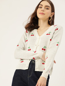 Dressberry Printed V Neck Casual Women White Sweater