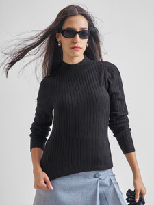 Tokyo Talkies Solid High Neck Casual Women Black Sweater